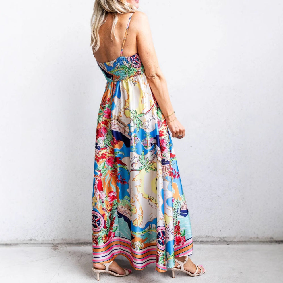 Women’s Maxi Dress – Flowy Fit – Smocked High Waist – Printed Sleeveless Spaghetti Strap