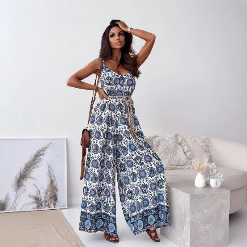 Women’s Jumpsuit – Sleeveless V-Neck – Tie Waist – Wide Leg – Retro Floral Print
