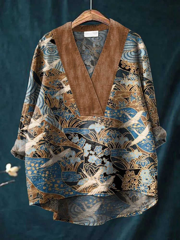 Women’s Long Sleeve Shirt – Relaxed Fit – V-Neck – Cotton Blend – Digital Print