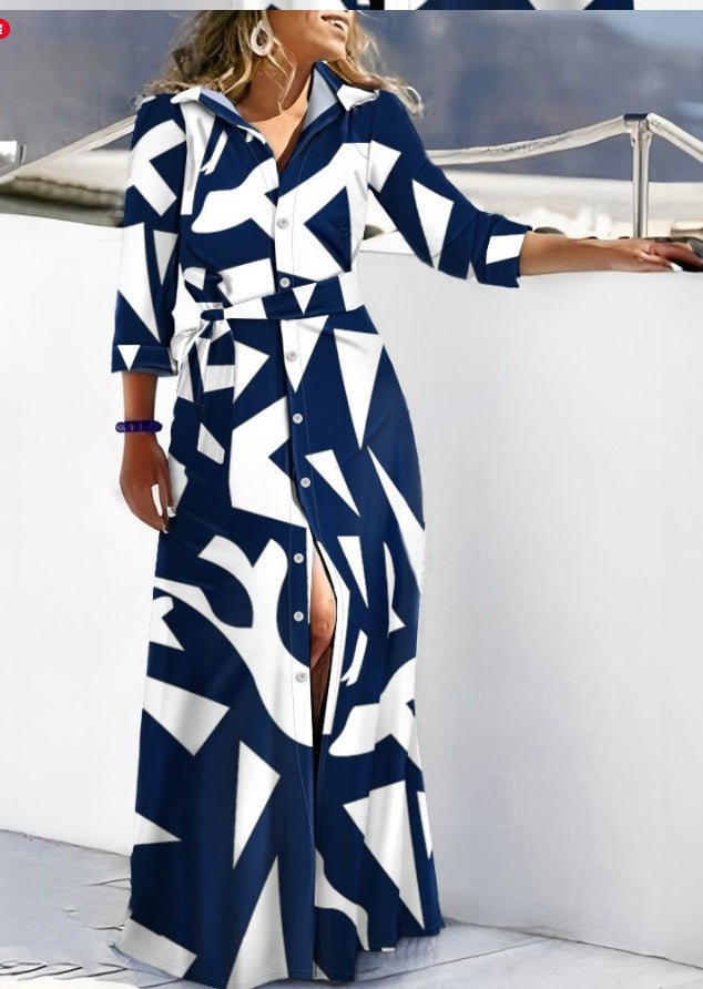 Women’s Shirt Dress – Relaxed Fit – Long Sleeve – Cotton Feel – Belted Waist – Button Front