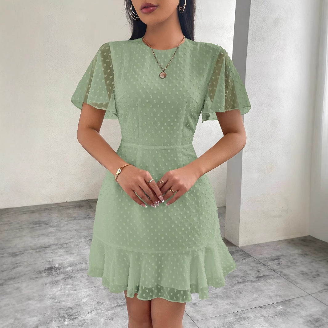 Women’s A-Line Mini Dress – Jacquard Dot – Flutter Sleeve – Cinched Waist