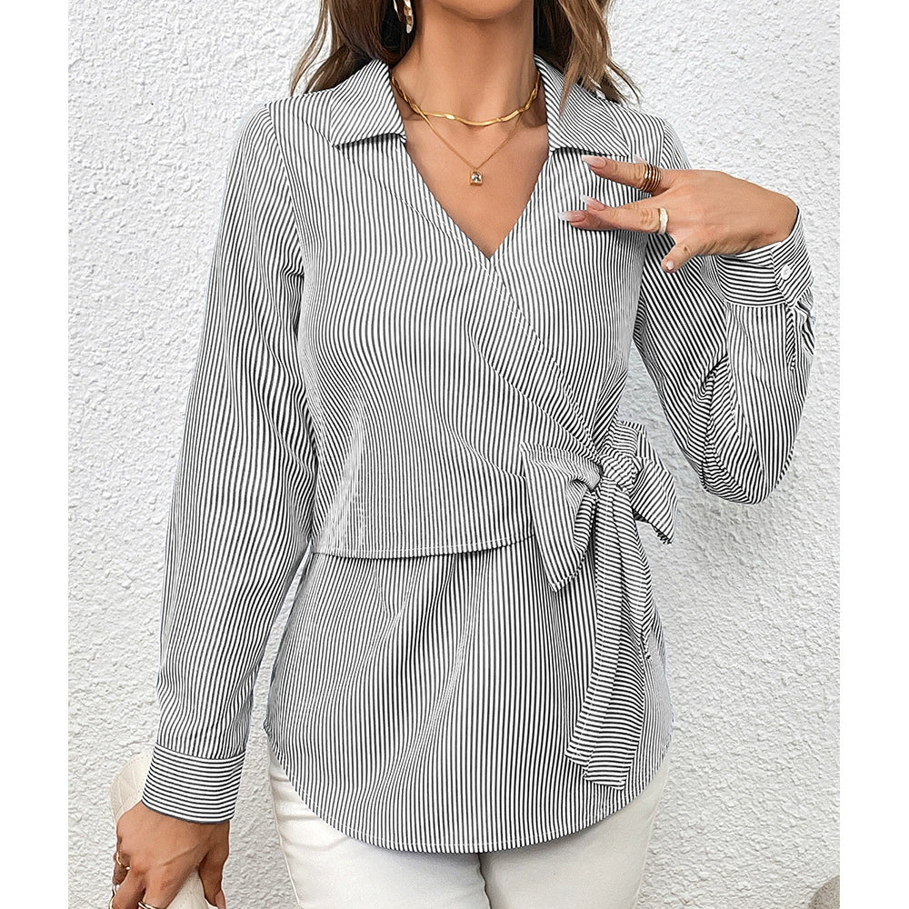 Women’s Wrap Shirt – Slim Fit – Knot Waist – Vertical Stripes – Cotton Feel – Long Sleeve