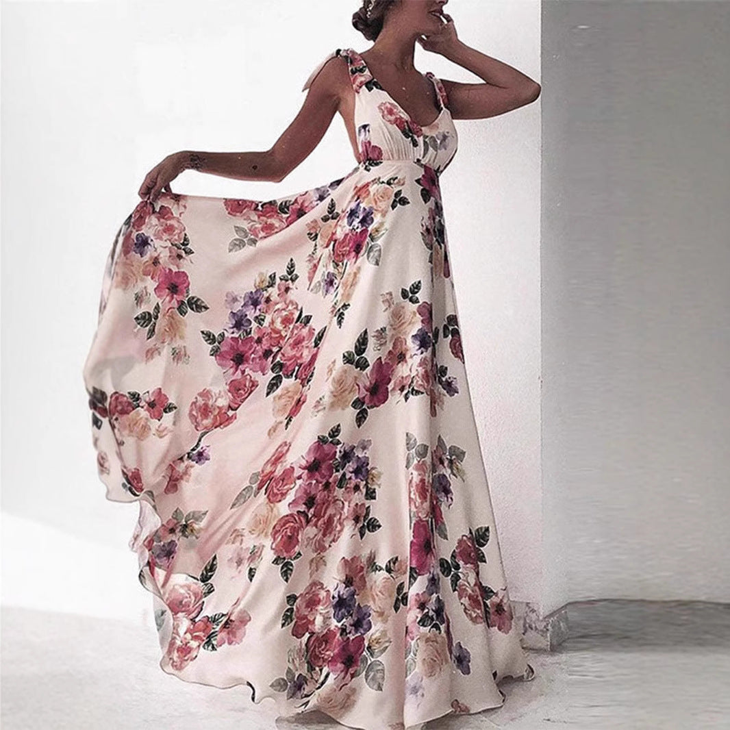 Women’s Maxi Dress – A-Line Fit – Floral Print – Spaghetti Straps – Backless