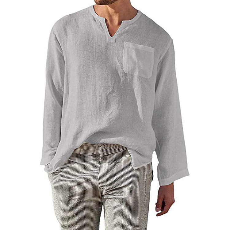 Men’s Long Sleeve Shirt – Linen Cotton Blend – Relaxed Fit – Band Collar Casual Wear