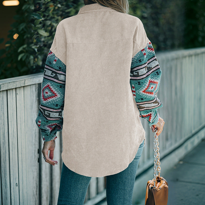 Women’s Corduroy Shirt – Relaxed Fit – Printed Sleeves – Button-Down Casual Style