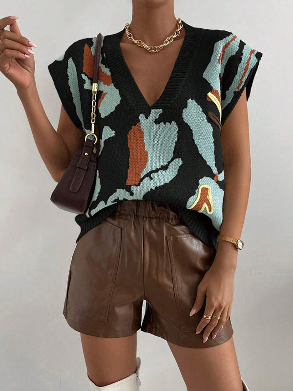 Women’s Knitted Vest – Soft Knit – Loose Fit – V-Neck – Jacquard Pattern – Ribbed Hem