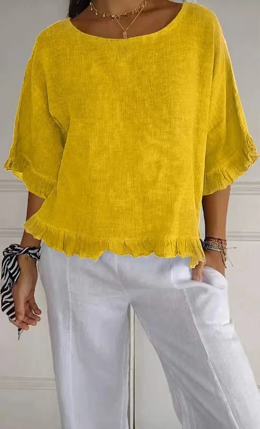 Women’s Blouse – Relaxed Fit Cotton Linen – Ruffle Hem – Short Sleeve – Round Neck