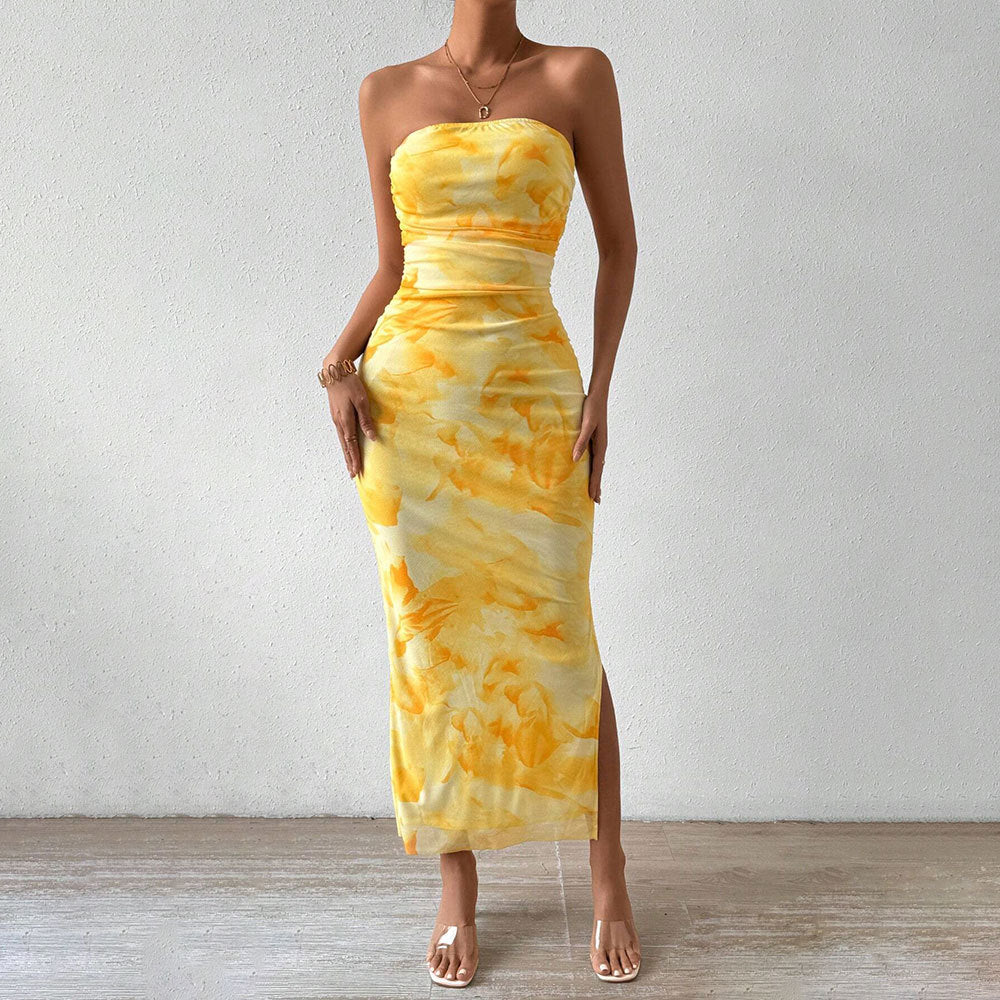 Women’s Maxi Dress – Strapless Slim Fit – Mesh Overlay – Side Slit Draped Design