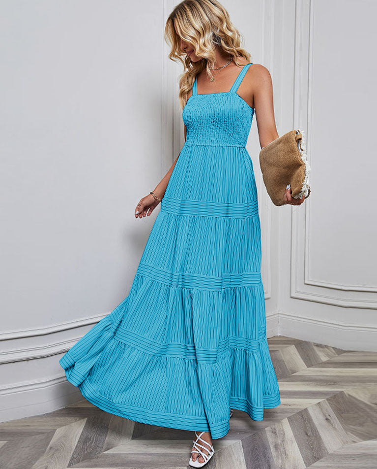 Women’s Sundress – Smocked Bodice – Tiered Maxi Skirt – Lightweight Cotton Blend – Spaghetti Straps