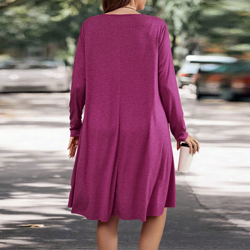 Women’s Long Sleeve Dress – Relaxed Fit – Knit Fabric – Midi Length with Pockets