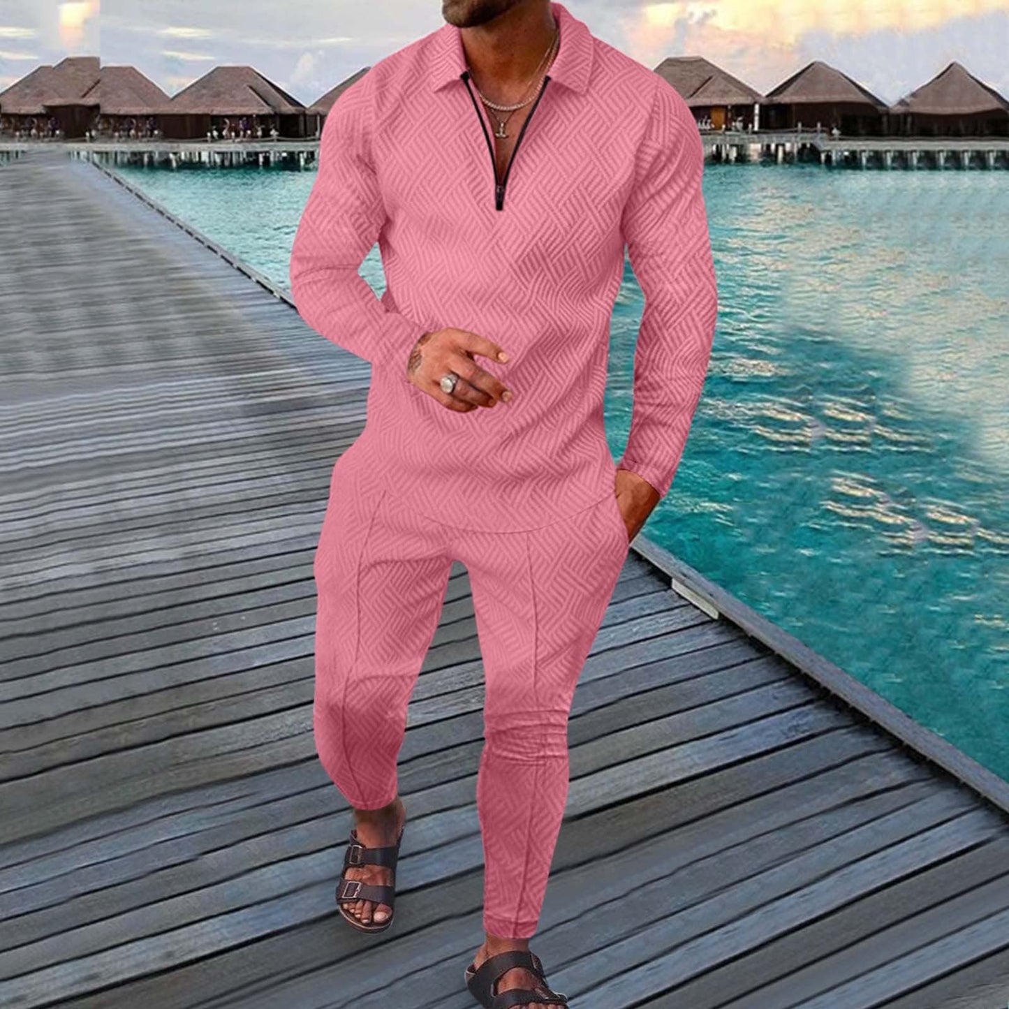 Men’s Sports Leisure Suit – Slim Fit – Long Sleeve Polo – Geometric Print