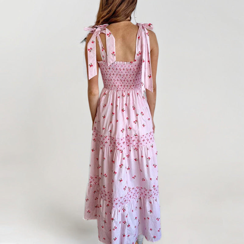 Women’s Maxi Sundress – Smocked Bodice – Tiered Skirt – Floral Print – Tie Straps