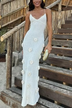 Women’s Slip Dress – Slim Fit – Knit Fabric – 3D Floral Detail – Open Back Tie