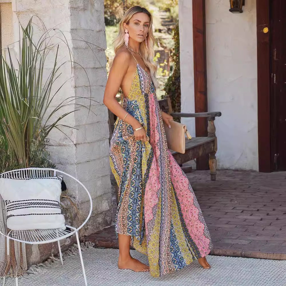 Women’s Maxi Dress – Lightweight Cotton Blend – Open Back – Flowy Fit – V-Neck Strap