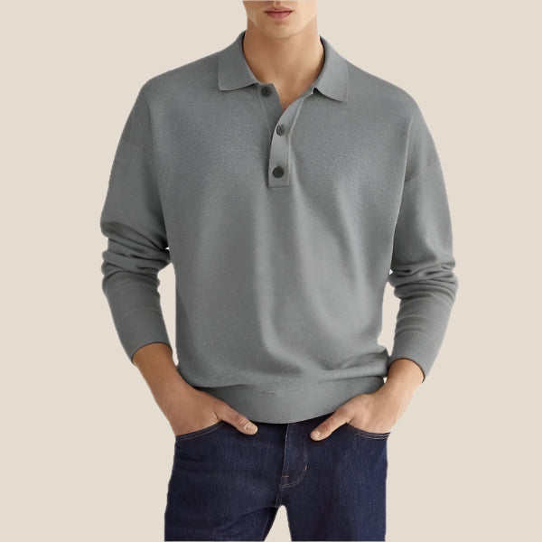 Men’s Polo Shirt – Soft Knit Cotton Blend – Classic Fit – Long Sleeve – Ribbed Cuffs