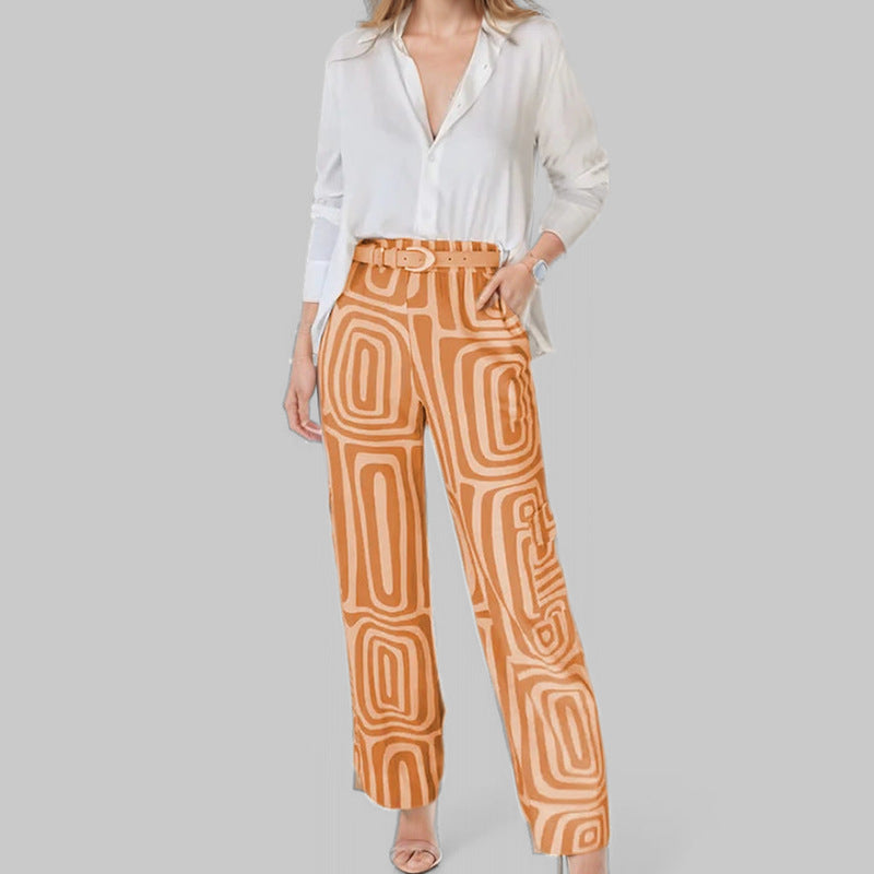 Women’s Blouse and Pants Set – Cotton Blend – Loose Fit – Button-Down – Belted Trousers