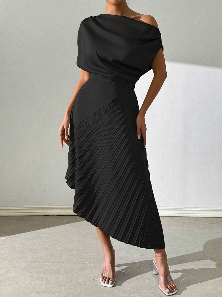 Women’s Midi Dress – One Shoulder – Satin Finish – Pleated Skirt – Fitted Silhouette
