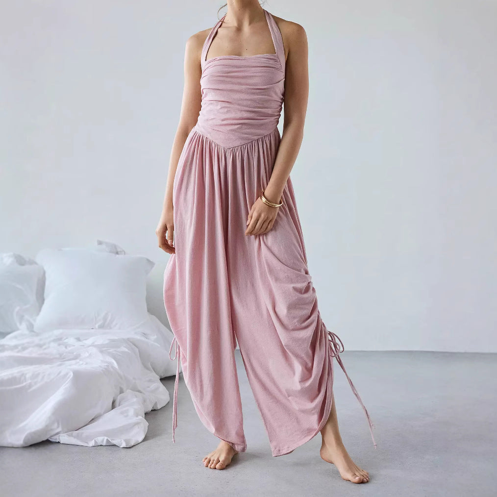 Women’s Halter Jumpsuit – Ruched Bodice – Draped Wide Leg – Adjustable Side Ties