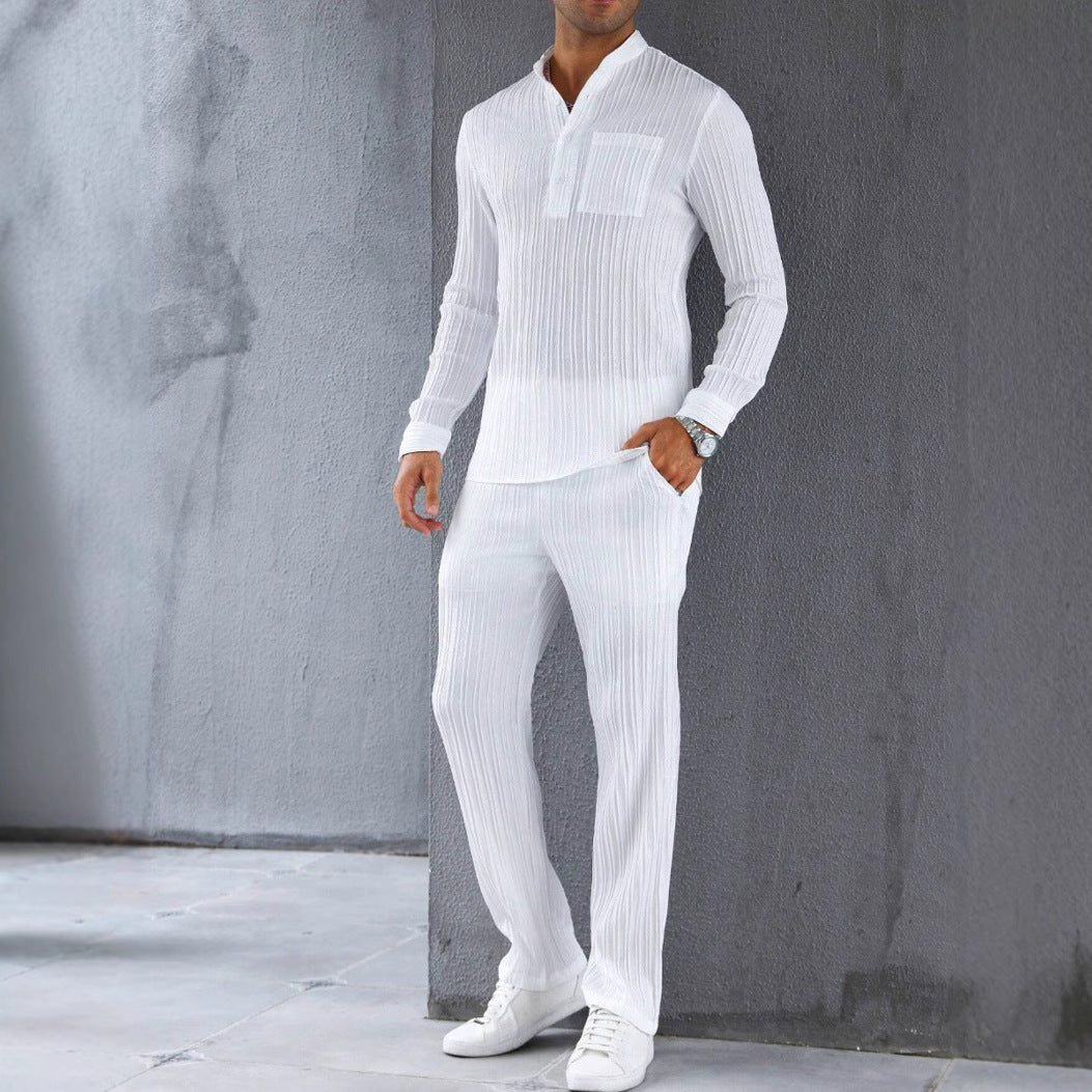 Men’s Shirt and Pants Set – Slim Fit – Ribbed Texture – Lightweight Breathable Fabric