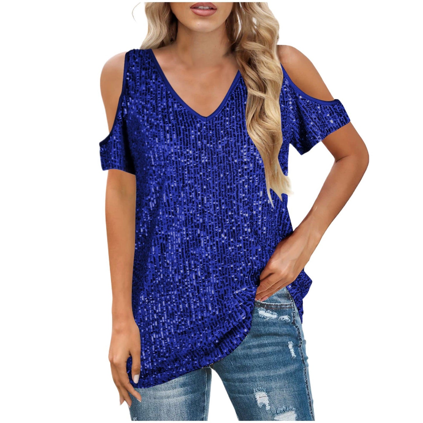 Women’s V-Neck Top – Relaxed Fit – Sequin Front – Cold Shoulder – Short Sleeve