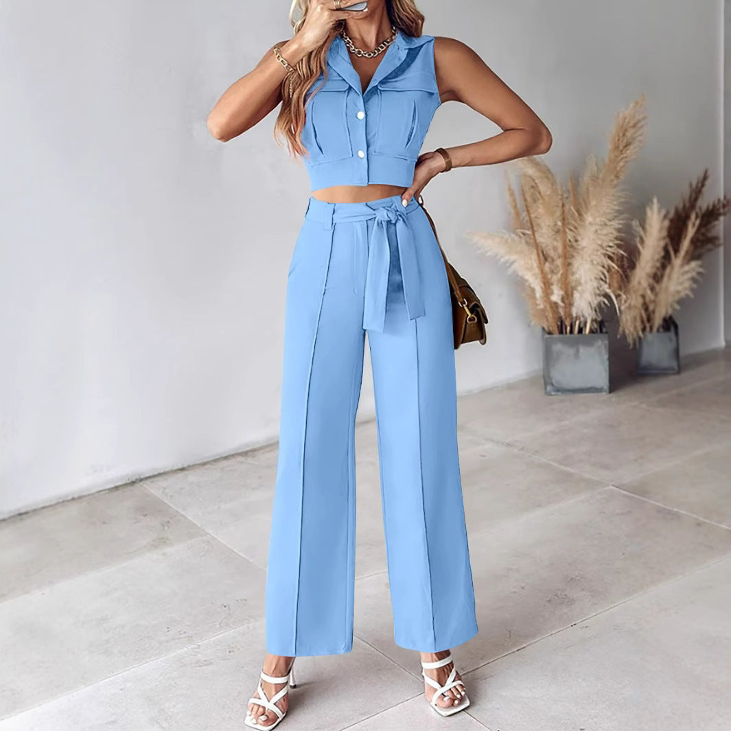 Women’s Pant Set – Sleeveless Button-Up Crop Top – Wide Leg High Waist Trousers – Belted Fit