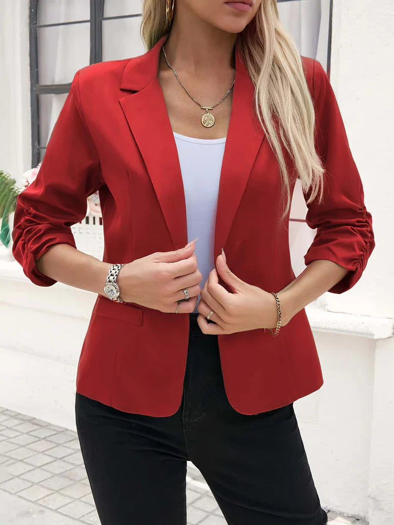 Women’s Blazer – Tailored Fit – Open Front – Three-Quarter Ruched Sleeves – Hip Length