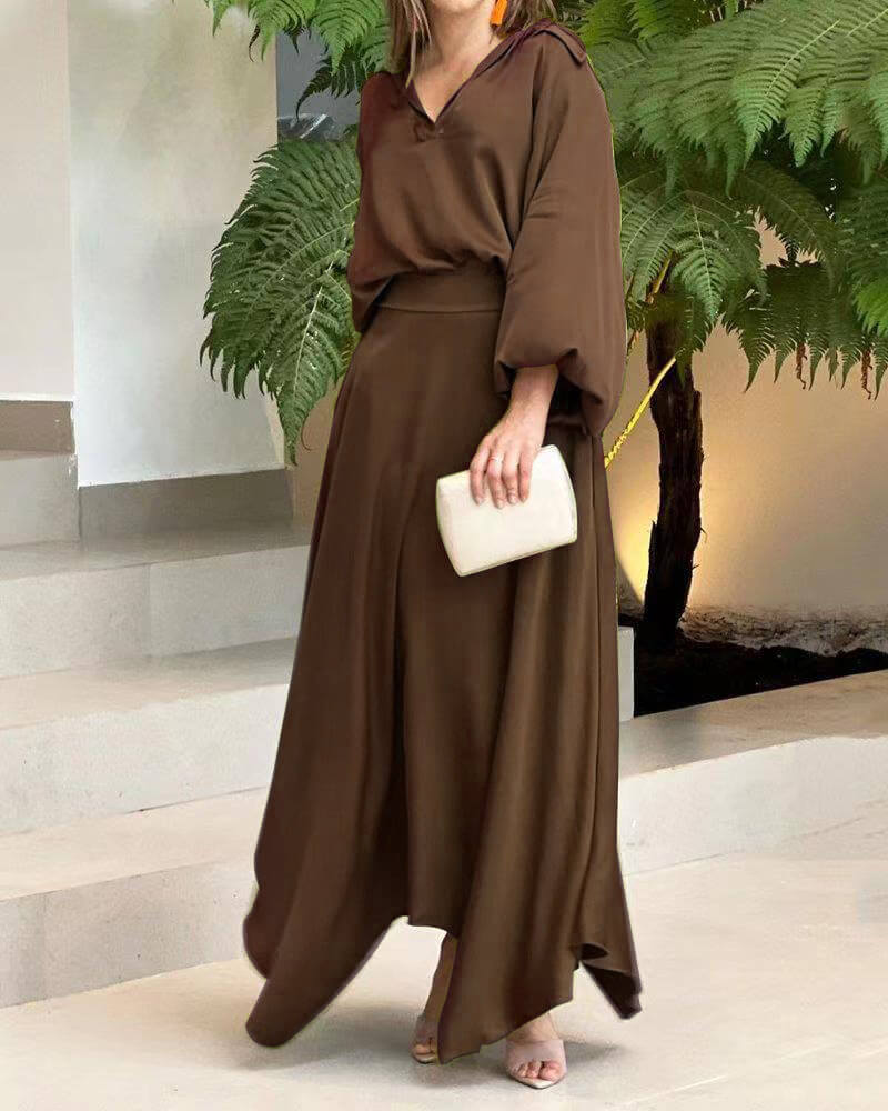 Women's Maxi Dress - Flowy Lightweight Fabric - V-Neck Long Wide Sleeves - Asymmetrical Hem