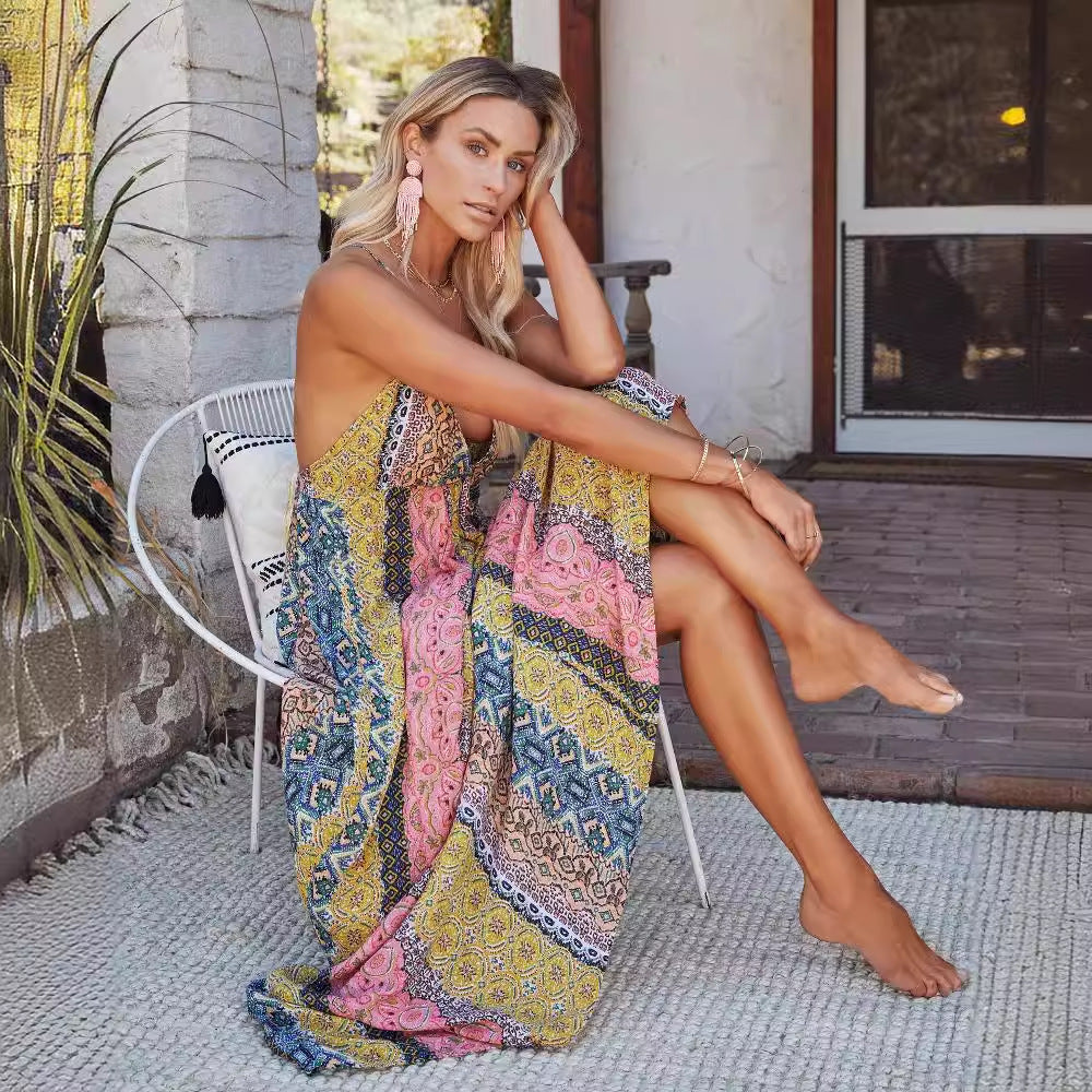 Women’s Maxi Dress – Lightweight Cotton Blend – Open Back – Flowy Fit – V-Neck Strap