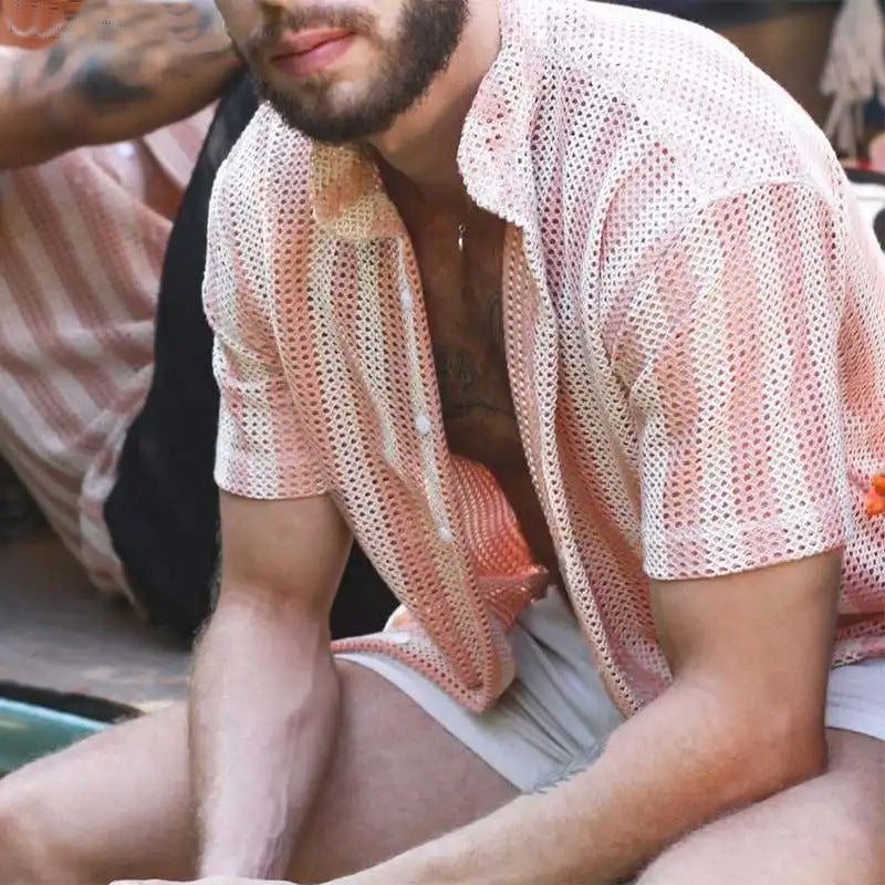 Men’s Mesh Shirt – Relaxed Fit – Short Sleeve – Button-Up – Breathable Grid Style