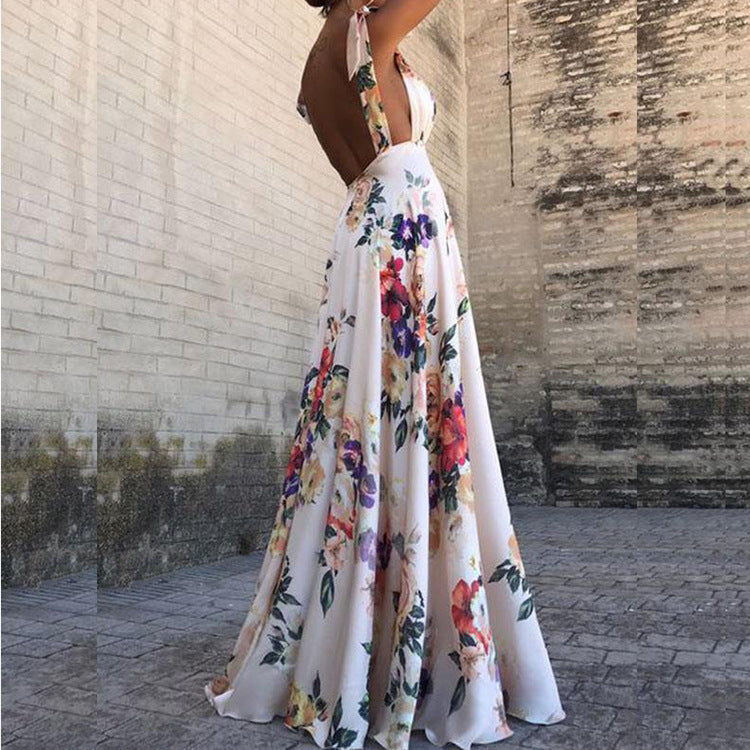 Women’s Maxi Dress – Sleeveless Flowy Fit – Floral Print – Open Back – Formal Wear