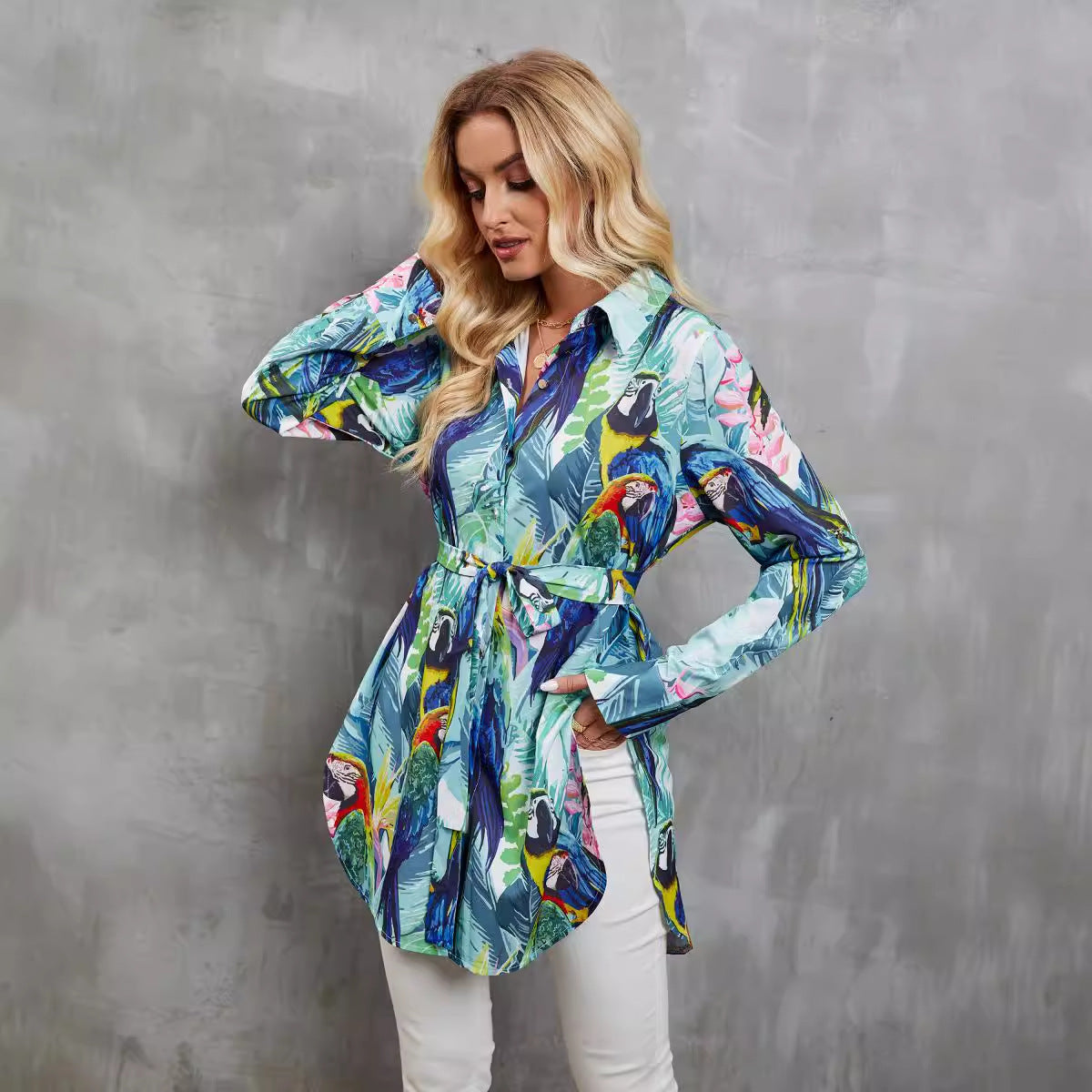 Women’s Long Sleeve Shirt – Tropical Print – Waist Tie – Button Down – Relaxed Fit