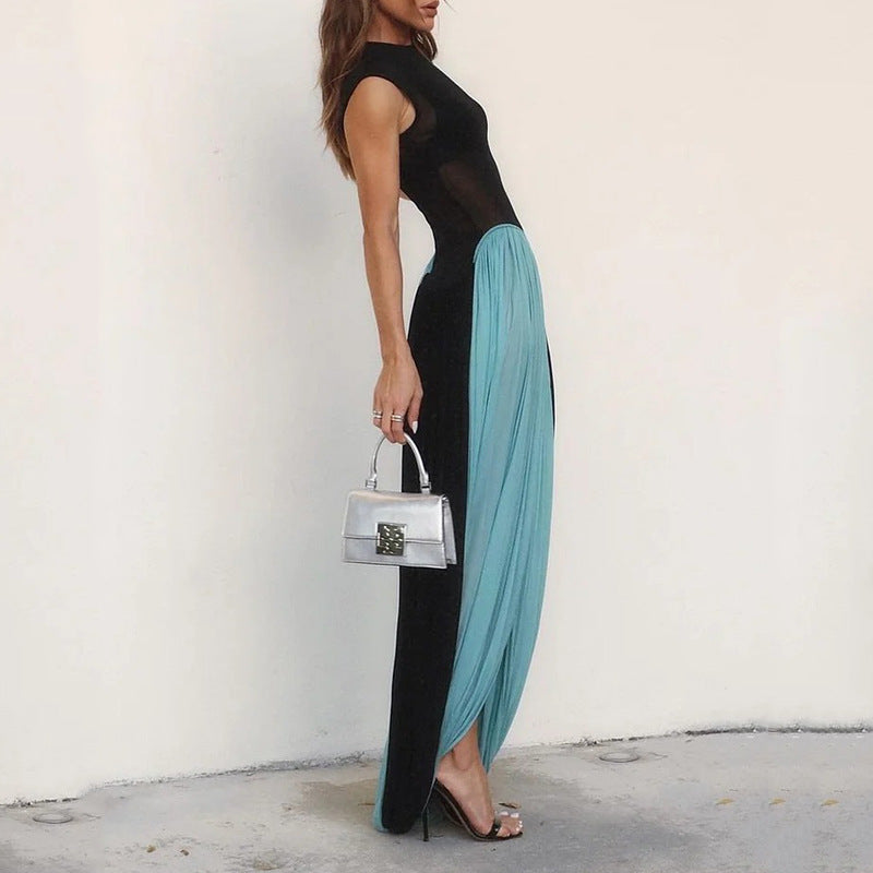 Women’s Sleeveless Dress – Fit and Flare – Sheer Neckline – Pleated Chiffon Skirt – Formal Full Length