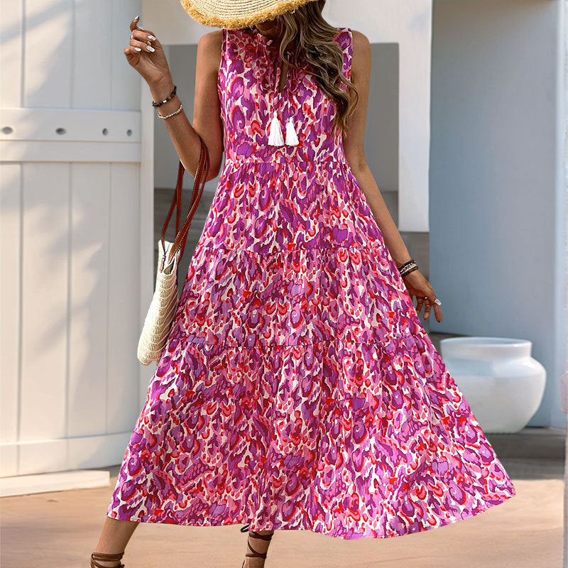 Women’s Midi Dress – Lightweight Cotton – Sleeveless – V-Neck Tiered A-Line Fit