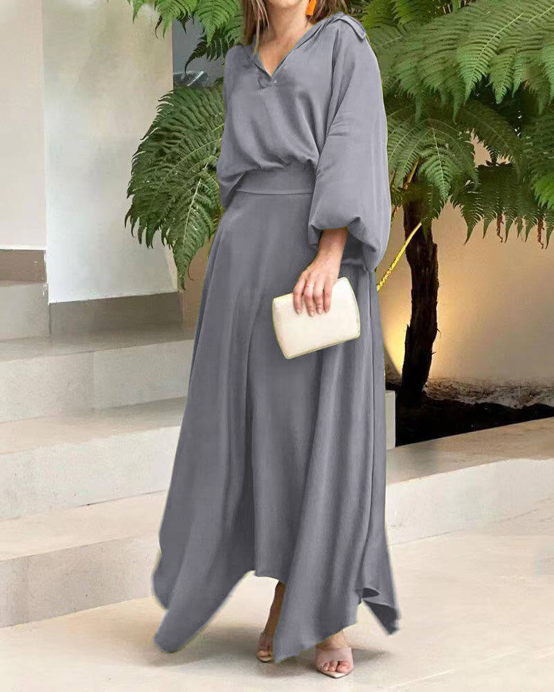 Women's Maxi Dress - Flowy Lightweight Fabric - V-Neck Long Wide Sleeves - Asymmetrical Hem