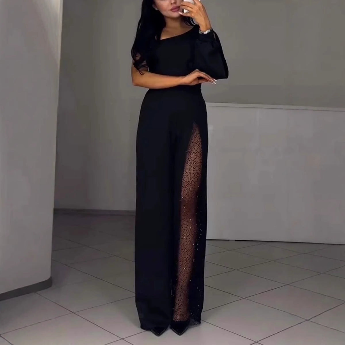 Women’s Jumpsuit – Slim Fit – Asymmetrical Neckline – Sequin Leg Panel – Full Length