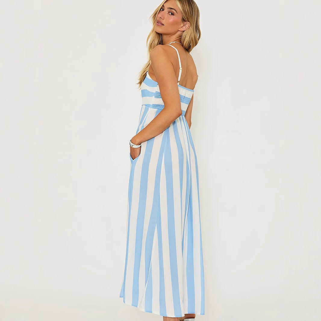 Women’s Long Dress – Lightweight Cotton – A-Line Fit – Square Neck – Vertical Stripes