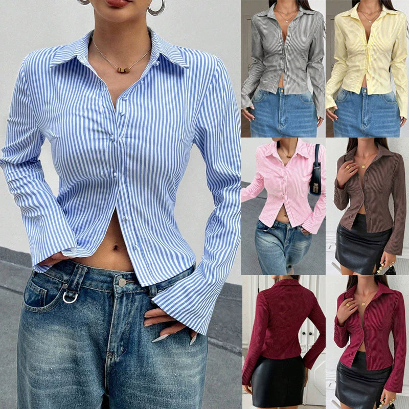 Women’s Button-Up Shirt – Slim Fit – Cropped Length – Cotton – Long Sleeve Casual
