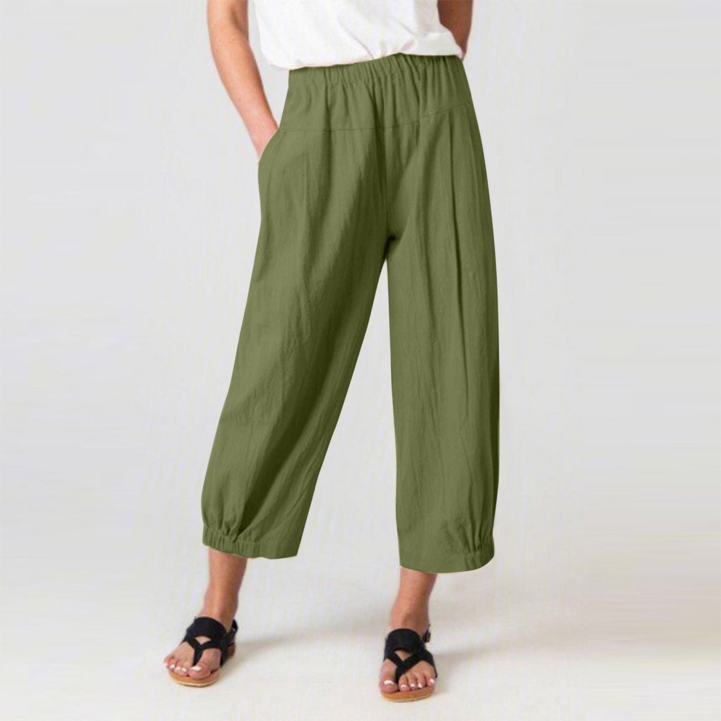 Women’s Harem Pants – Cotton Linen Blend – High Waist – Cropped Loose Fit – Elastic Waistband