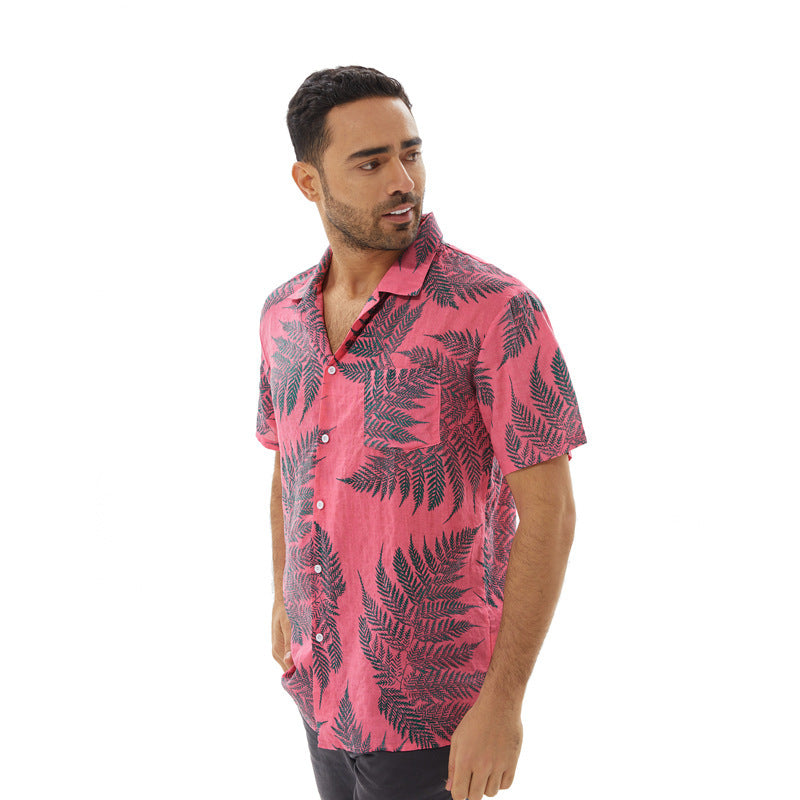 Men’s Short Sleeve Shirt – Relaxed Fit – Leaf Print – Button Up – Lightweight Breathable