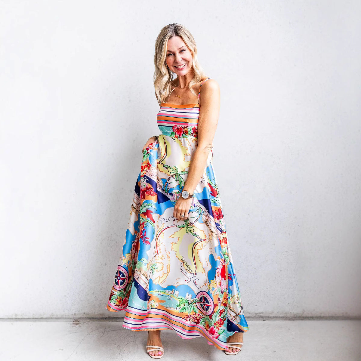 Women’s Sundress – A-Line Fit – High Waist – Cotton Blend – Spaghetti Straps – Full Length