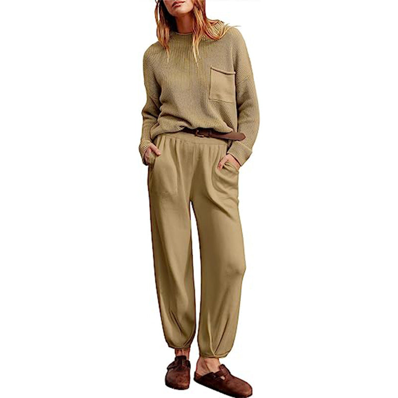 Women’s Two-Piece Set – Soft Knit Top – Elastic Waist Joggers – Relaxed Fit