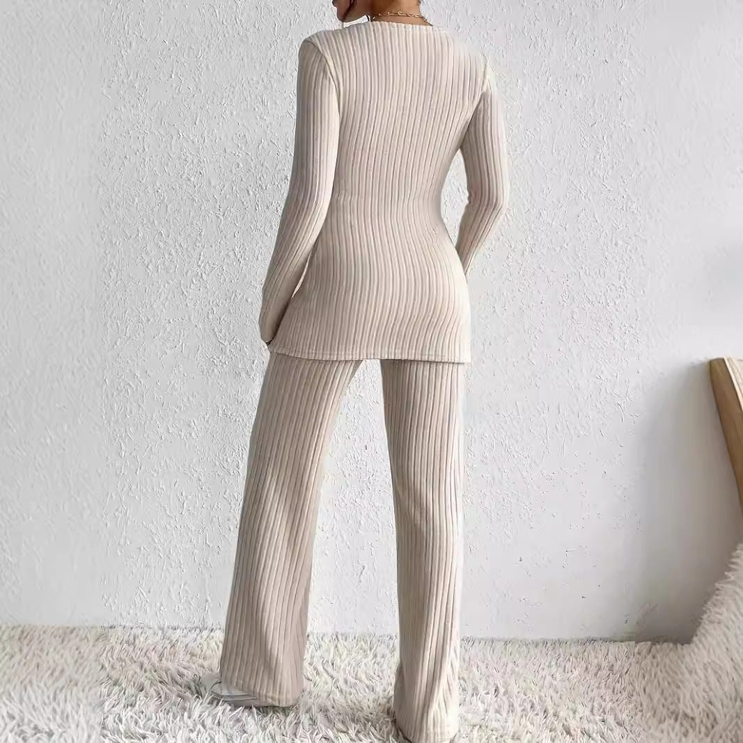 Women’s Two-Piece Set – Ribbed Knit – Wrap V-Neck Top – Relaxed Fit Pants