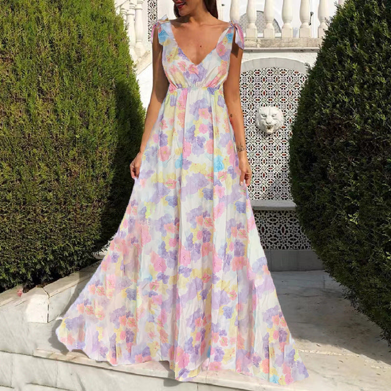 Women’s Maxi Dress – Sleeveless Flowy Fit – Floral Print – Open Back – Formal Wear