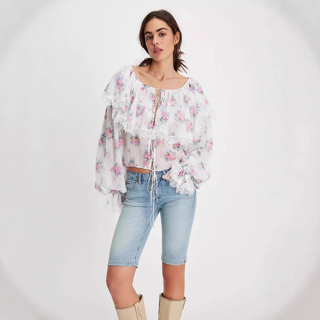 Women’s Chiffon Blouse – Floral Print – Lace Trim – Tie Front – Loose Fit Long Sleeve