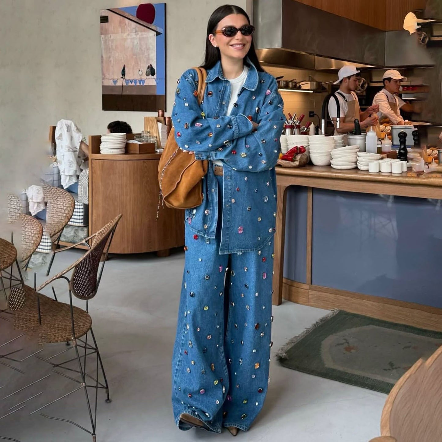 Women’s Denim Jacket and Pants Set – Oversized Fit – Embroidered – Wide Leg Casual Wear