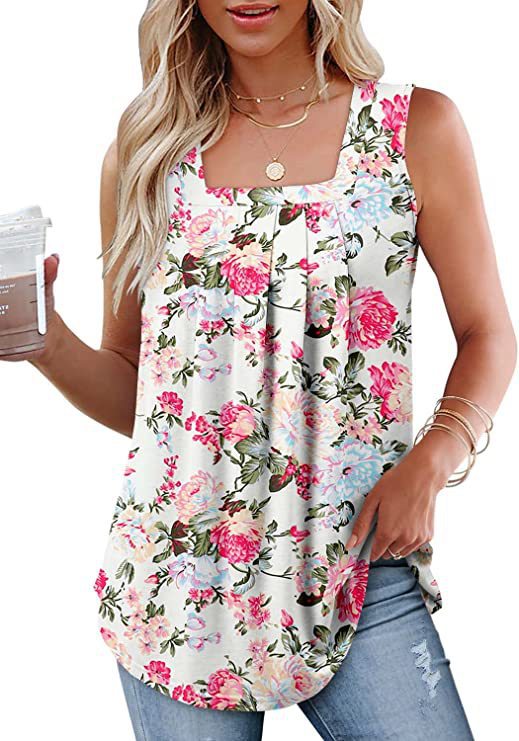Women’s Sleeveless Vest – Square Neck – Floral Print – Relaxed Fit – Breathable Blend