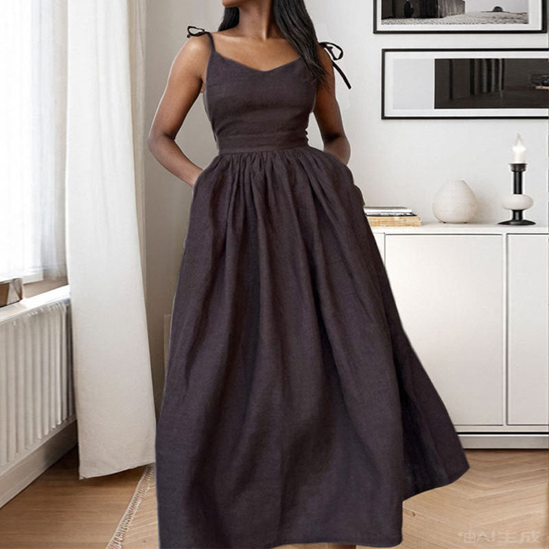 Women’s Midi Dress – Linen Blend – V-Neck – Open Back – Adjustable Tie Straps – Side Slit