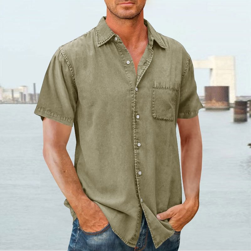 Men’s Short Sleeve Shirt – Relaxed Fit – Button Front – Natural Fibers – Chest Pocket