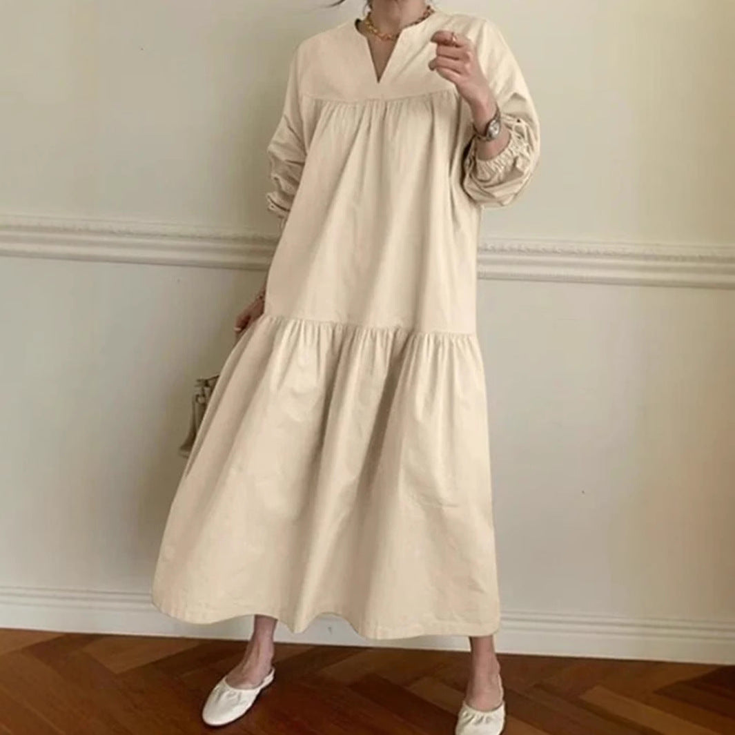 Women’s Long Dress – Cotton Linen Blend – Oversized Fit – V-Neck – Puff Sleeve