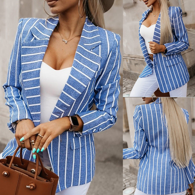Women’s Blazer – Tailored Fit – Vertical Stripes – Notched Lapel – Hip Length